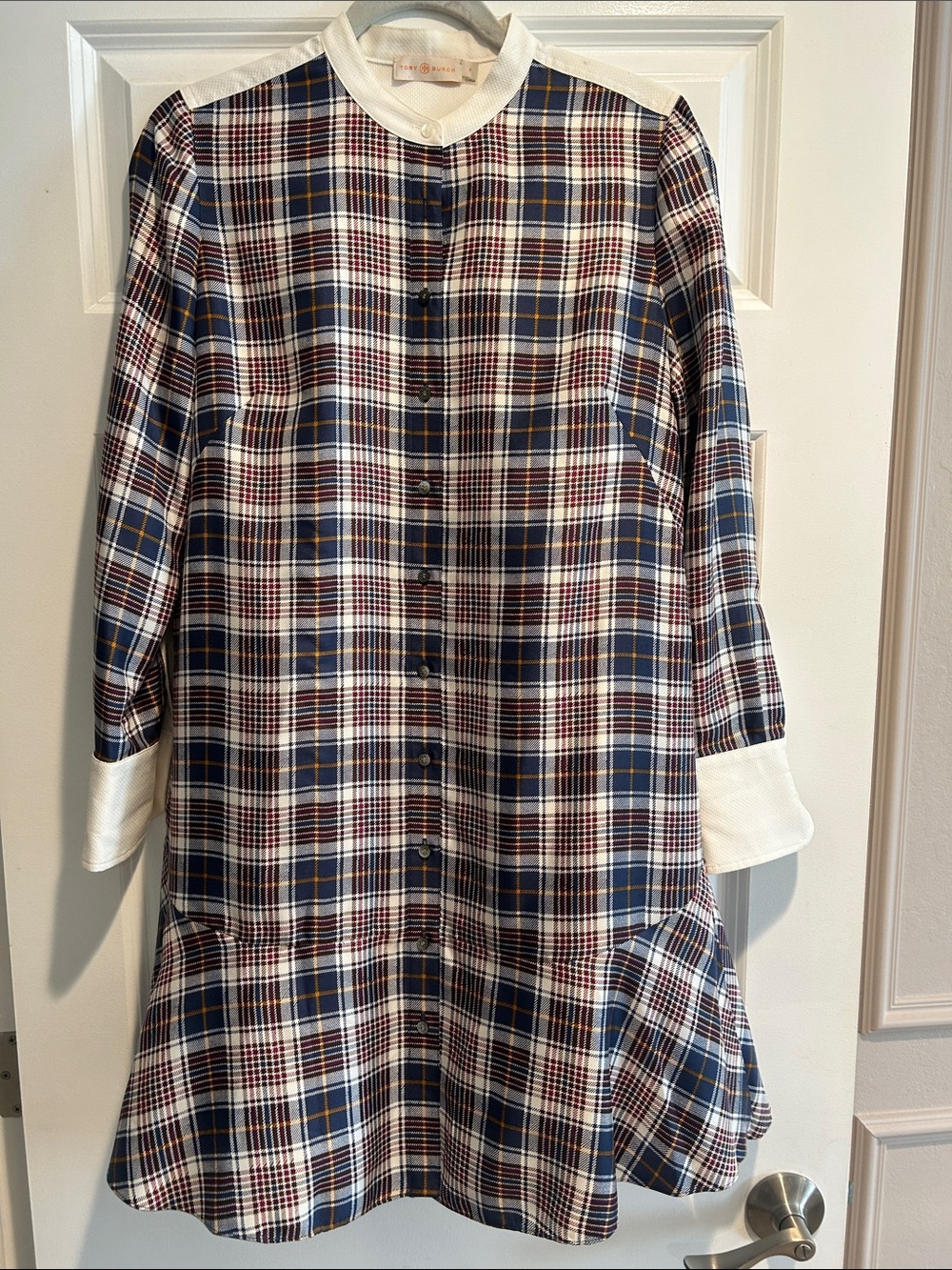 Tory Burch Navy, Red and Cream Plaid Midi Dress